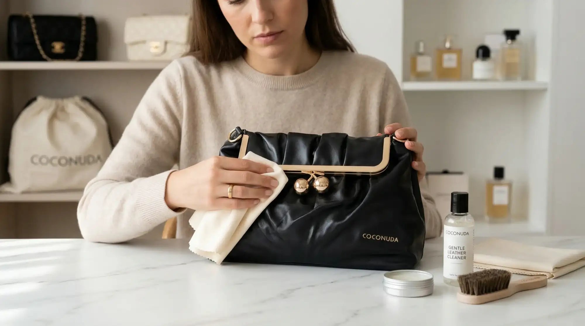 Clutch in pelle nera con hardware in tono oro e logo brandizzato sul davanti