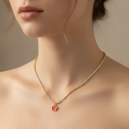 Collana Tennis in Cristallo d’Oro con Ciondolo Quadrifoglio Rosso - delicata collana d’oro