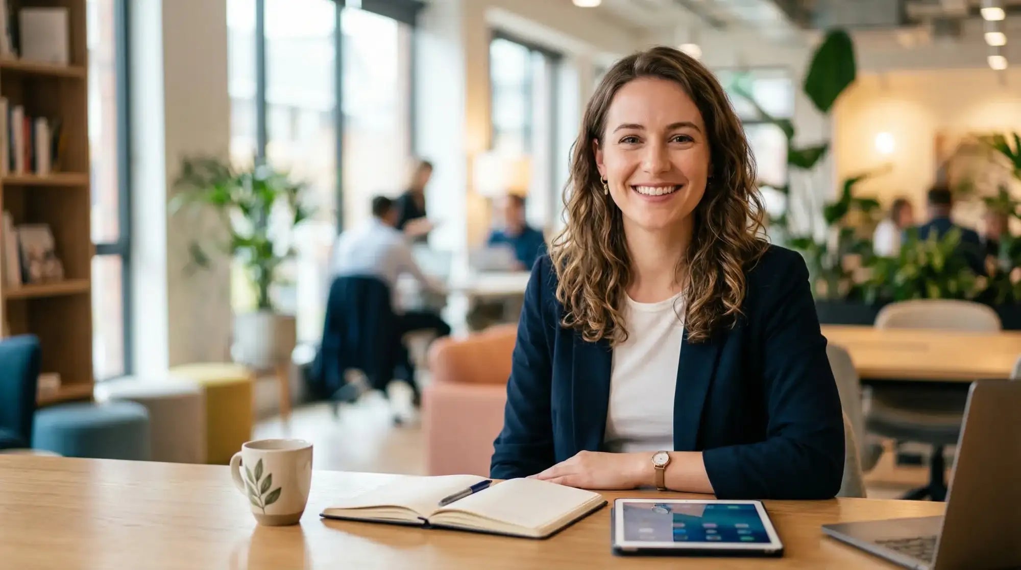 Una donna con capelli castani mossi, che indossa una giacca blu navy su una camicetta bianca, siede a un tavolo di legno in un ambiente d'ufficio.