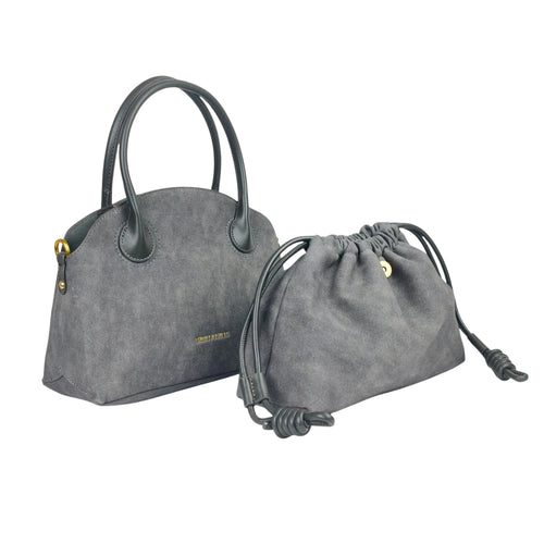 Enrico Coveri Handbag Set with Drawstring Pouch - Gray - gray suede handbag