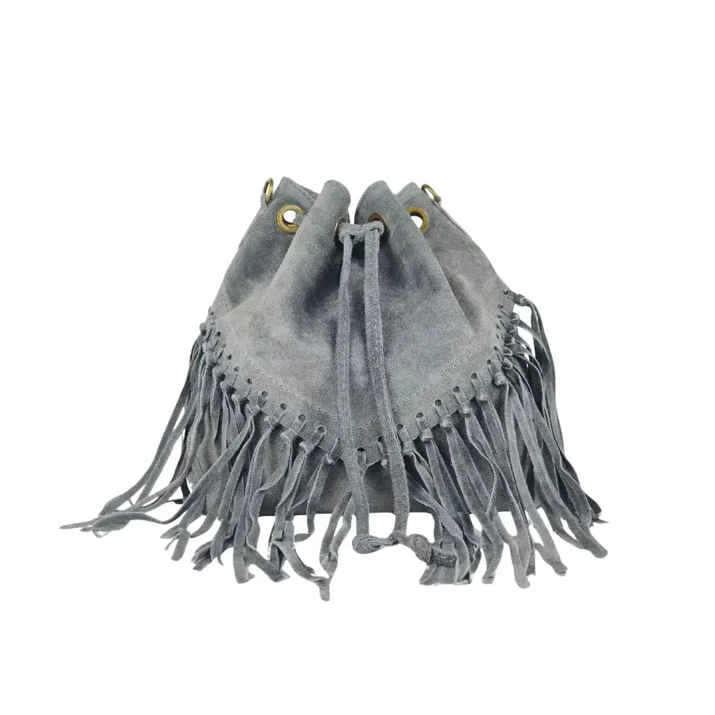 Fringe Suede Drawstring Bucket Bag – Grey - Stile Donna Bags