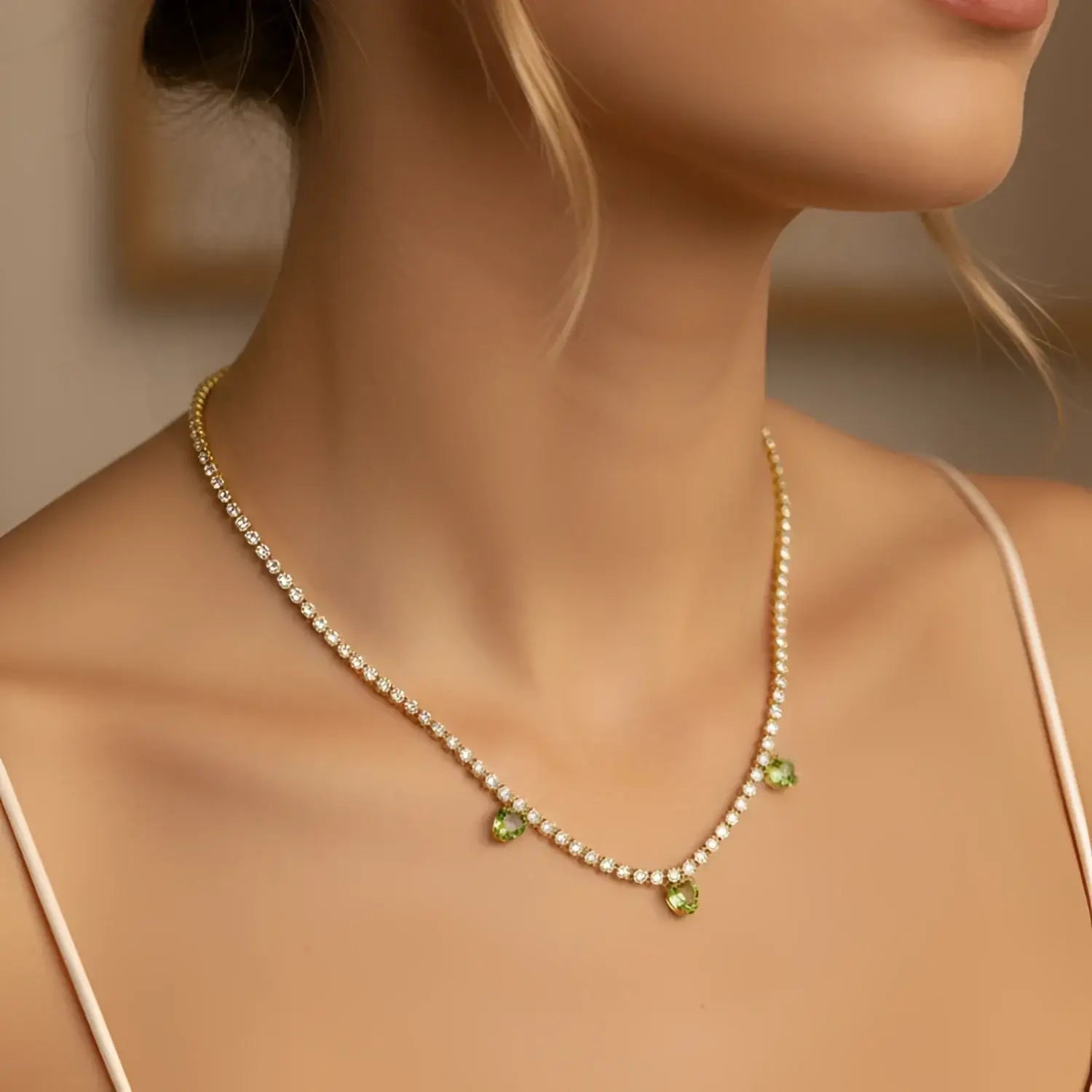 Gold Crystal Necklace with Red Heart Charms - delicate gold necklace