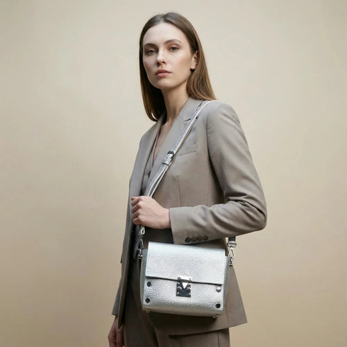 Leather Crossbody Clutch with Silver-Tone Hardware MS-1907 - Stile Donna Bags