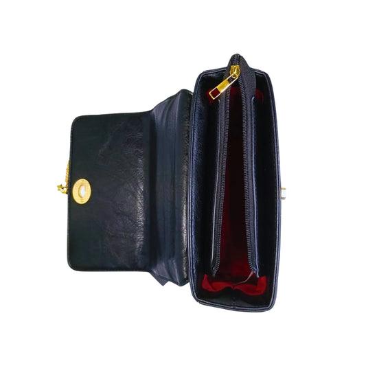 Black leather wallet with gold accents on a white background