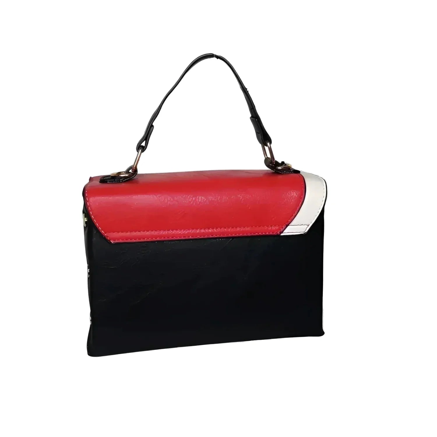 Red, black, and white handbag on a white background