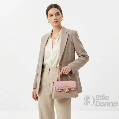 Mini borsa kaki e rosa con lucchetto in oro - borsetta pelle bicolore