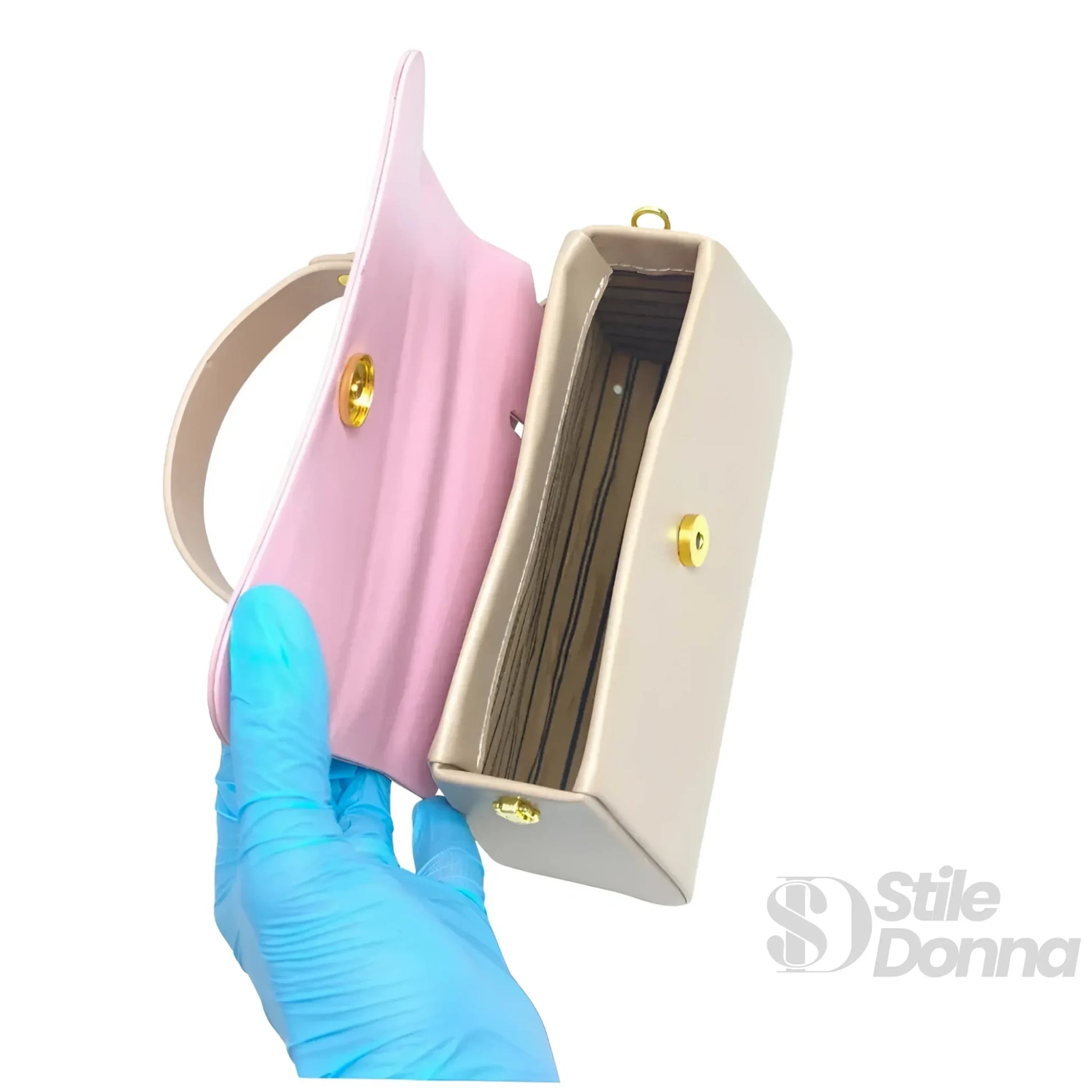 Mini borsa kaki e rosa con lucchetto in oro - porta carte rettangolare