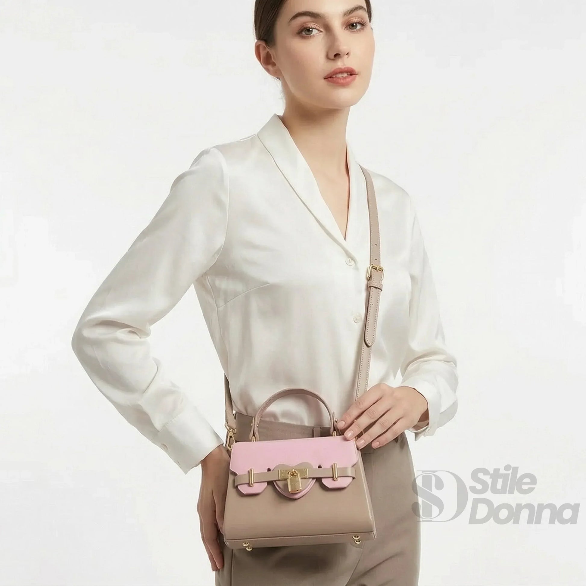 Mini borsa kaki e rosa con lucchetto in oro - tracolla pelle