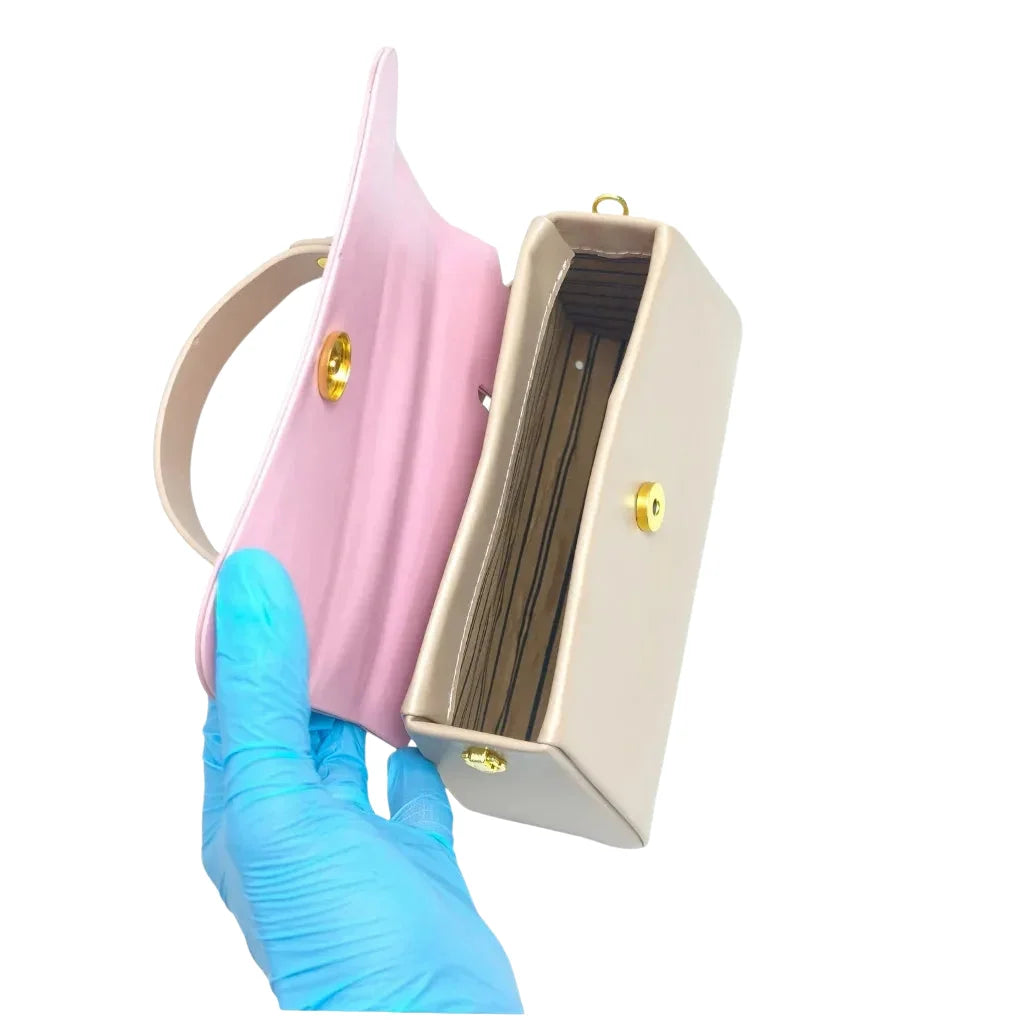 Mini borsa kaki e rosa con lucchetto in oro - porta carte rettangolare