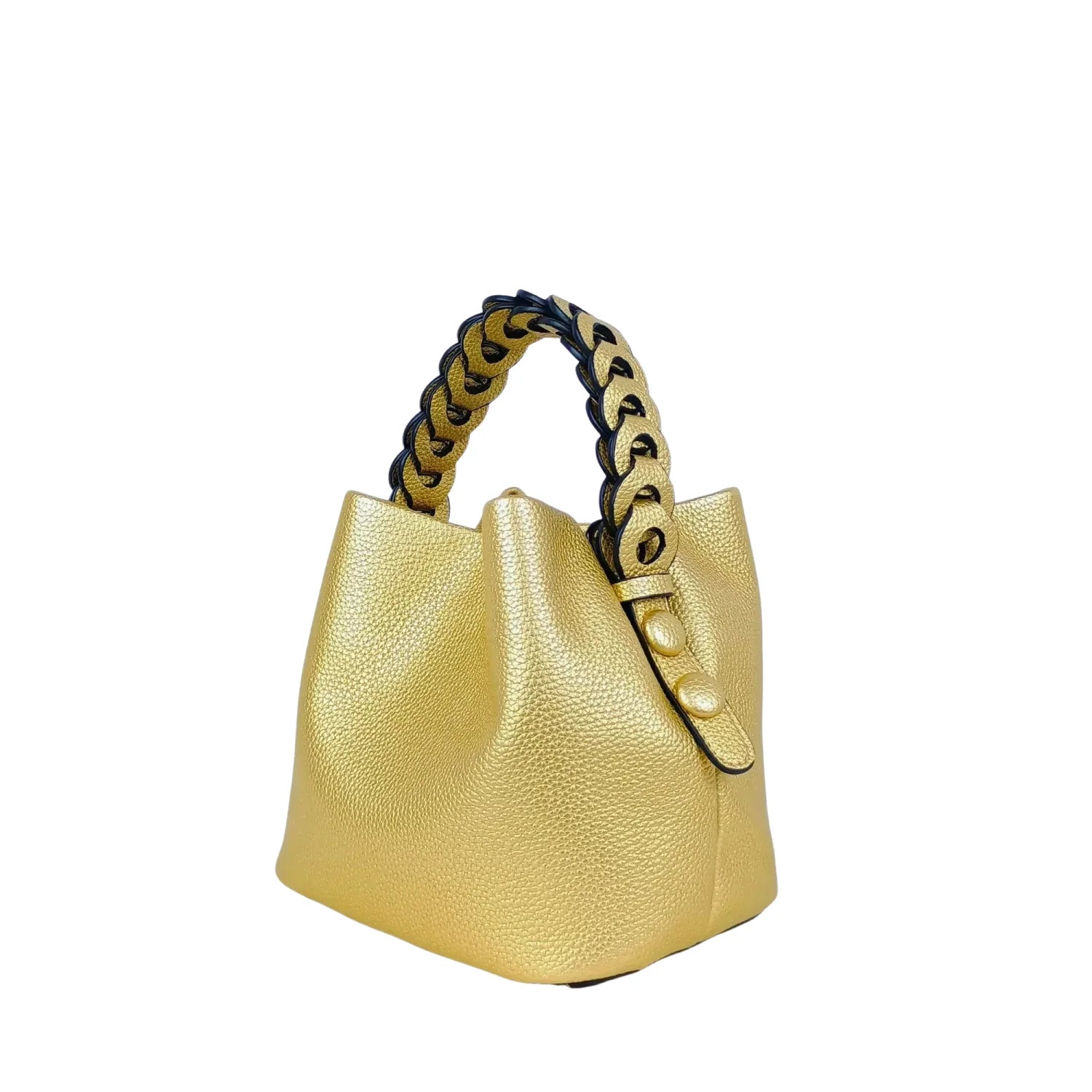 Mustard Yellow Leather Bucket Handbag with Braided Handle - Stile Donna Bags