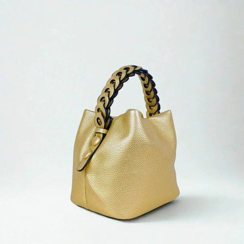 Mustard Yellow Leather Bucket Handbag with Braided Handle - Stile Donna Bags