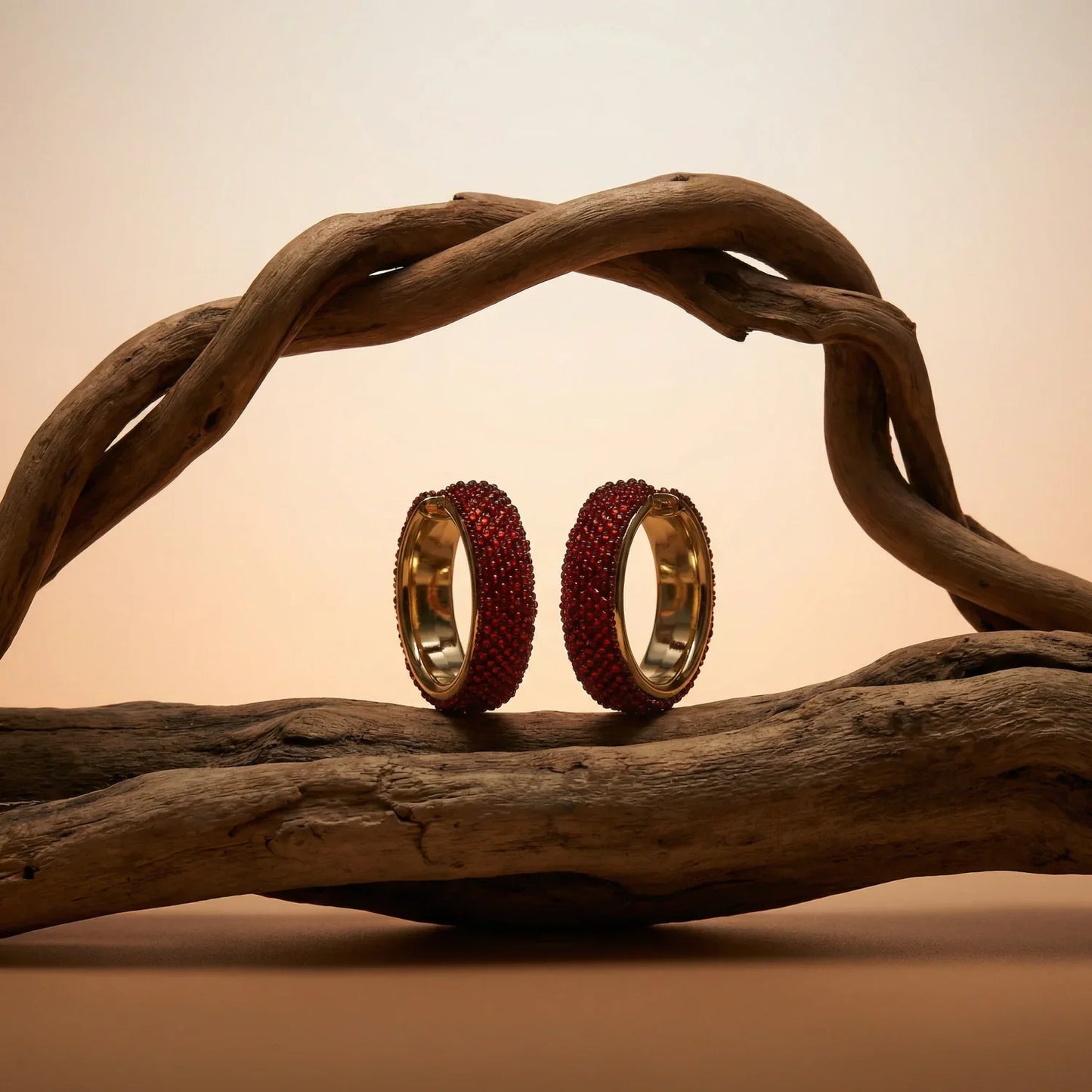 Orecchini a Cerchio Dorati con Strass Rossi - paio orecchini cerchio