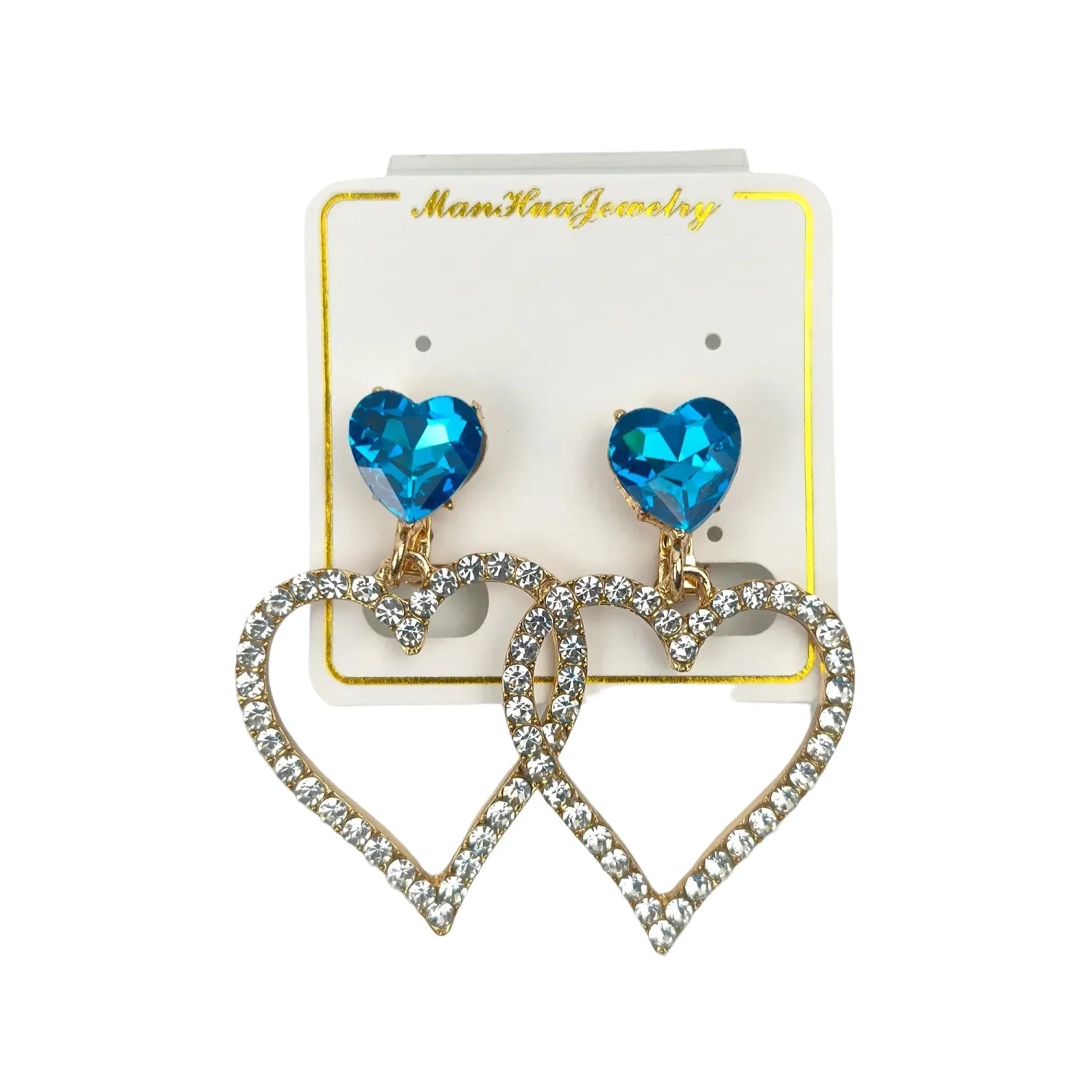 Orecchini a Cuore Pendenti con Cristallo Blu - orecchini cristallo blu