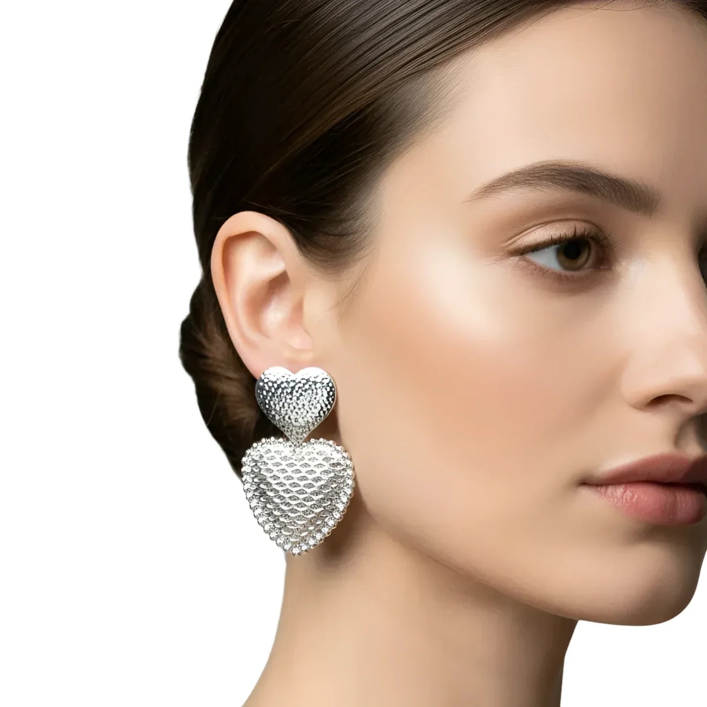 Orecchini Pendenti Doppio Cuore Argentati - orecchini pendente forma