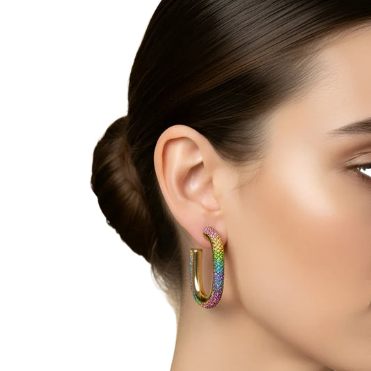 Rainbow Crystal U-Hoop Earring – Gold Statement Piece - Stile Donna Bags