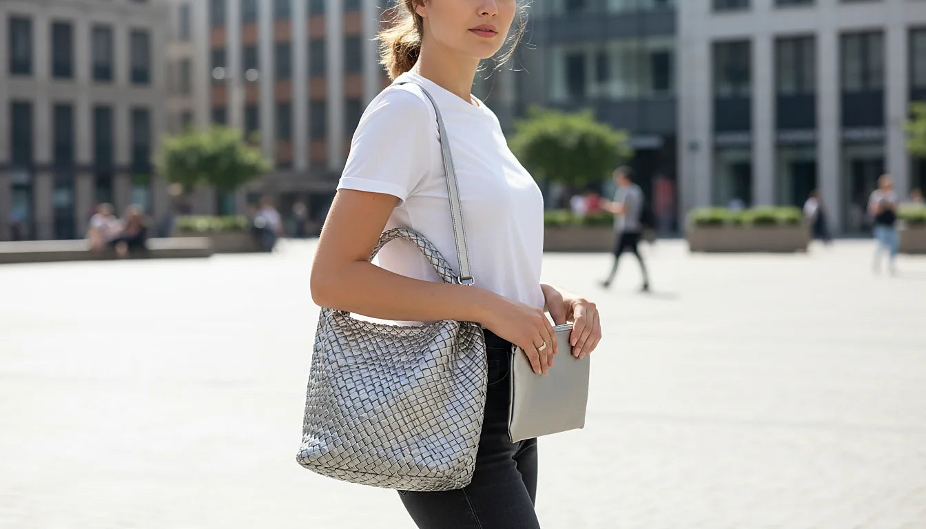 Woman holding a silver textured handbag in an urban setting