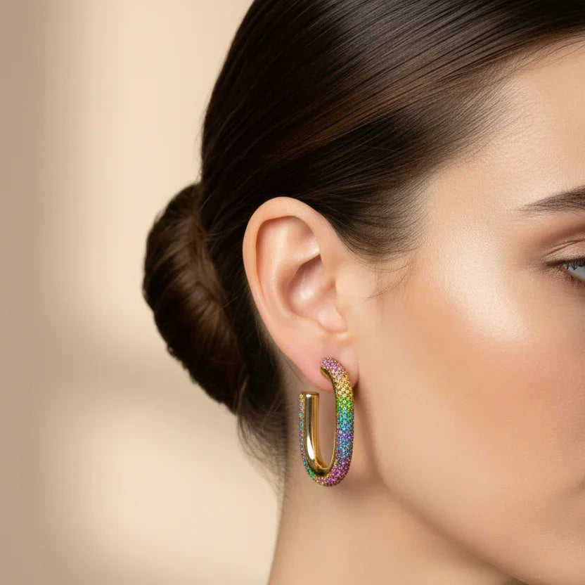 Rainbow Crystal U-Hoop Earring – Gold Statement Piece - Stile Donna Bags
