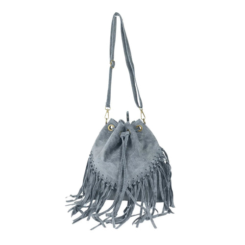 Fringe Suede Drawstring Bucket Bag – Grey - Stile Donna Bags