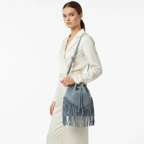 Fringe Suede Drawstring Bucket Bag – Grey - Stile Donna Bags