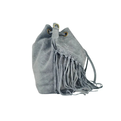 Fringe Suede Drawstring Bucket Bag – Grey - Stile Donna Bags