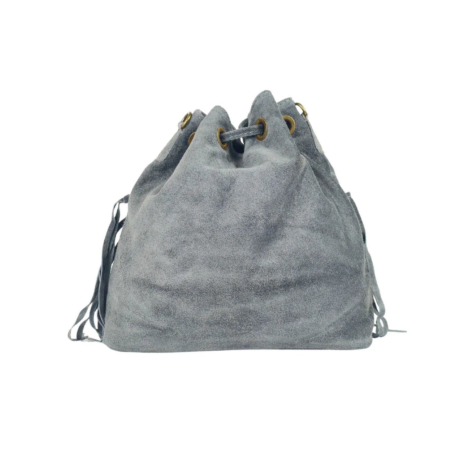 Fringe Suede Drawstring Bucket Bag – Grey - Stile Donna Bags
