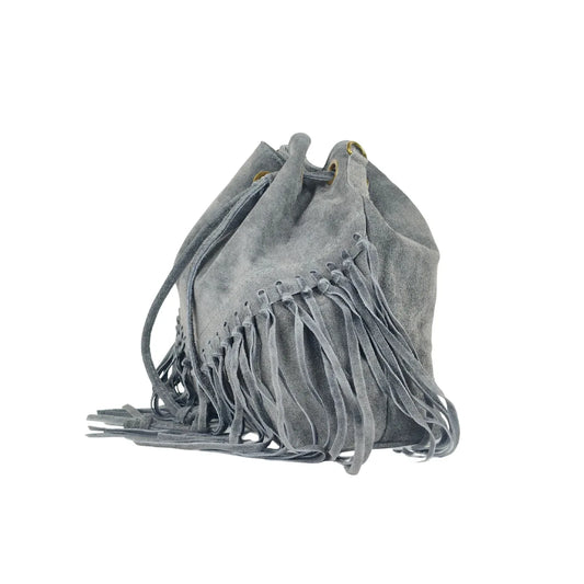 Fringe Suede Drawstring Bucket Bag – Grey - Stile Donna Bags