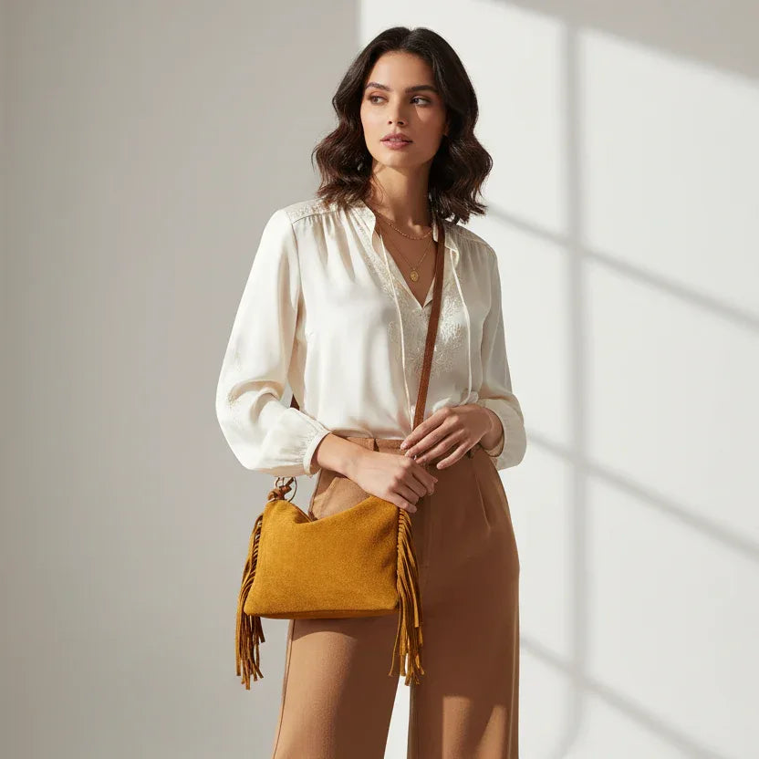 Boho Fringe Suede Shoulder Bag – Tan Brown - Stile Donna Bags