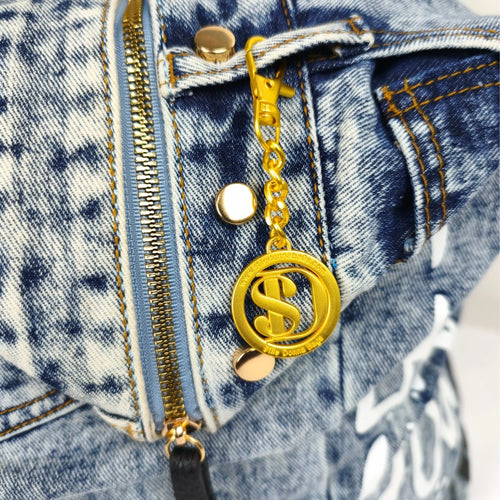 Upcycled Denim & Vegan Leather Backpack | Urban Graffiti Streetwear Bag - gold-colored metal keychain
