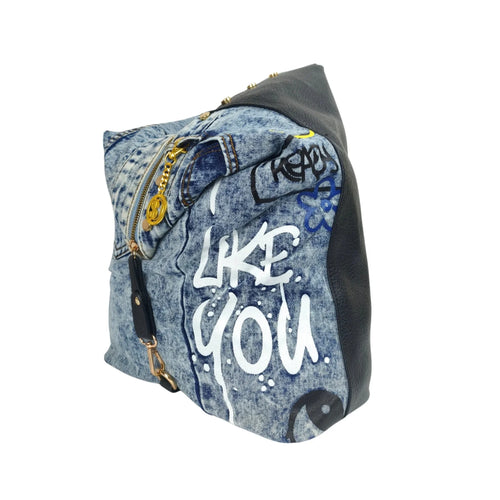 Upcycled Denim & Vegan Leather Backpack | Urban Graffiti Streetwear Bag - denim-textured backpack black