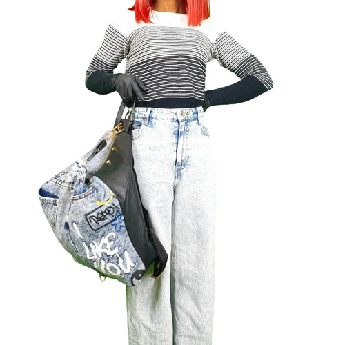 Upcycled Denim & Vegan Leather Backpack | Urban Graffiti Streetwear Bag - Stile Donna Bags