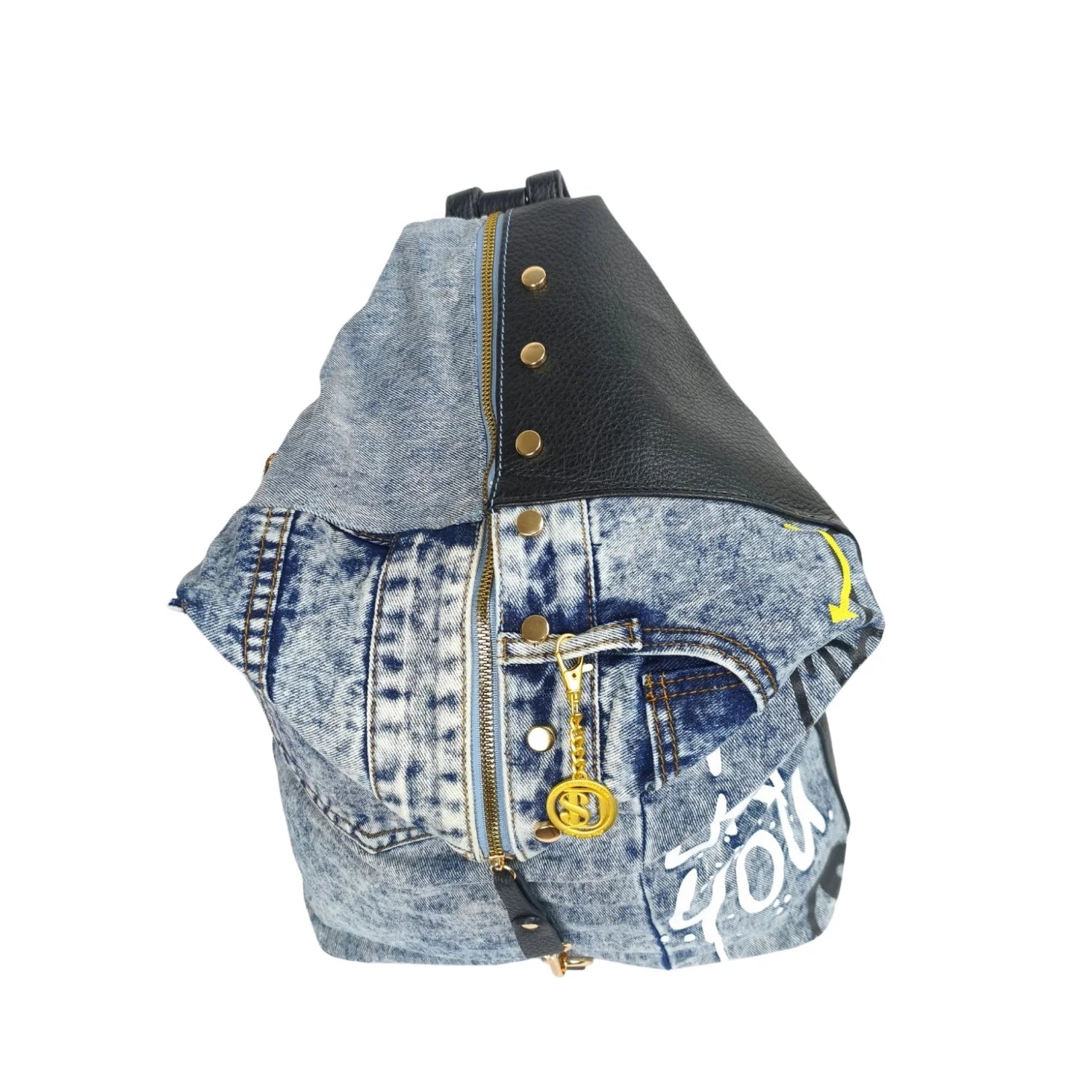 Upcycled Denim & Vegan Leather Backpack | Urban Graffiti Streetwear Bag - denim black leather