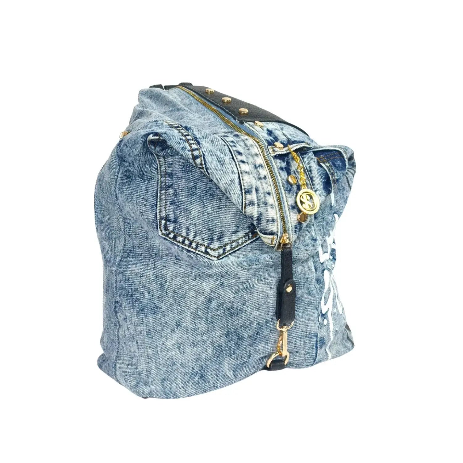 Upcycled Denim & Vegan Leather Backpack | Urban Graffiti Streetwear Bag - blue denim backpack