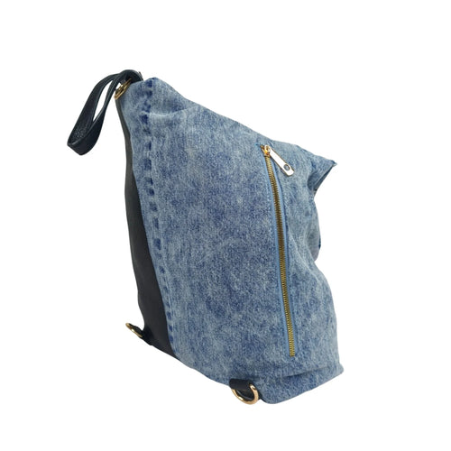 Upcycled Denim & Vegan Leather Backpack | Urban Graffiti Streetwear Bag - blue denim backpack