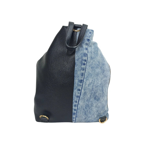 Upcycled Denim & Vegan Leather Backpack | Urban Graffiti Streetwear Bag - black light blue
