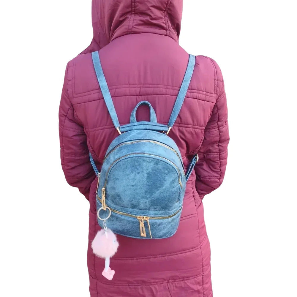 Zaino Mini in Denim Blu con Zip Oro - mini zaino velluto