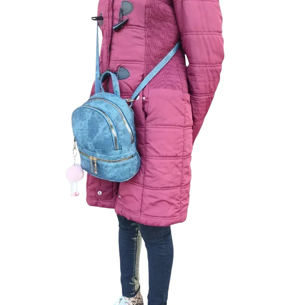 Zaino Mini in Denim Blu con Zip Oro - zainetto mini texture