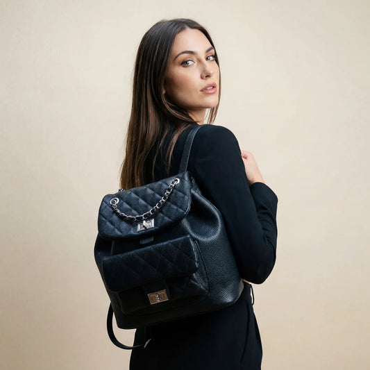 Zaino Trapuntato Nero con Dettaglio a Catena - zaino pelle trapuntata